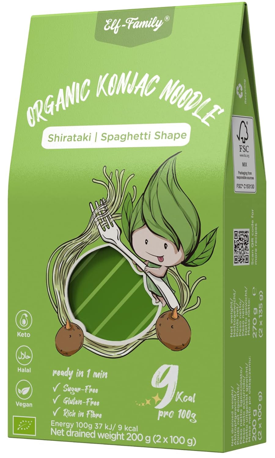 Elf-Family 270g x6er Box (paquet de 12) Bio Konjak Nudeln Ultra Low Carb Shirataki Nudeln Vegan Glutenfree-Instant Nudeln sans Kohlenhydrate/Keto/Kalorienarme/Fettfrei/Zuckerfrei -Spaghetti MHD : 12/11/2026