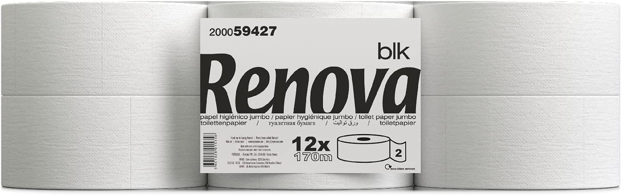 Papier toilette Renova Jumbo BLK, 12 rouleaux à 170 M, papier blanc, 2 couches