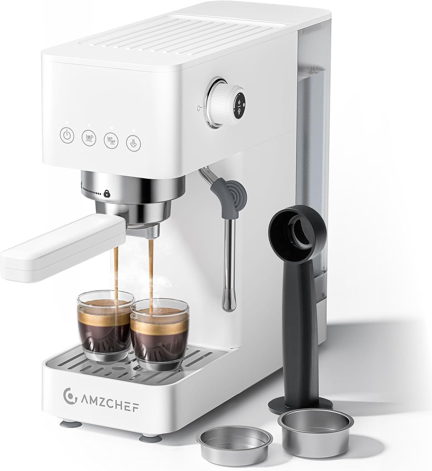 AMZCHEF Machine à expresso 20 bars, écran LED, mousseur à lait professionnel et lance à vapeur en acier inoxydable, réservoir amovible de 1,5 L, chauffage rapide de 1350 W, blanc