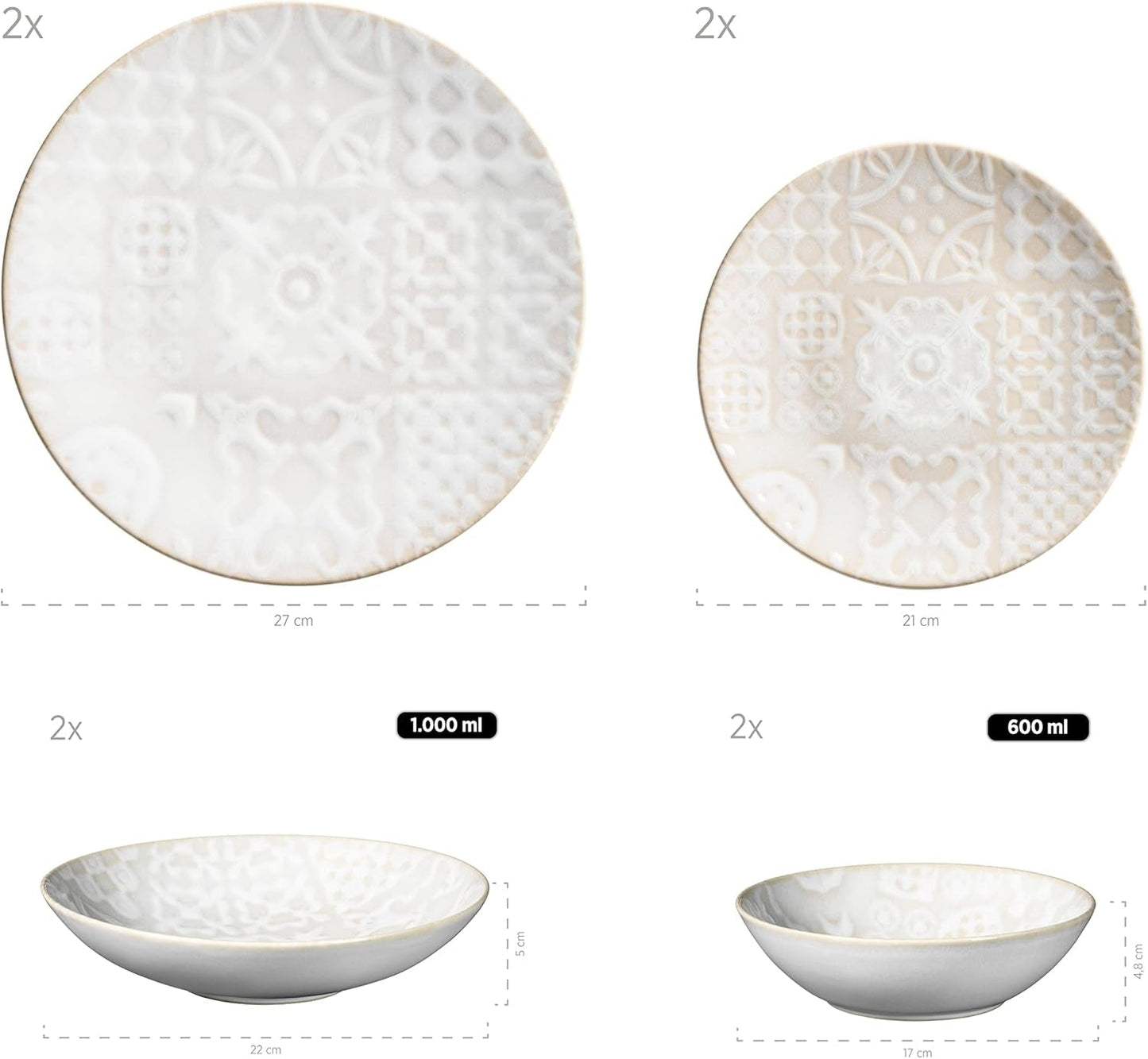 MÄSER 935079 Service de table moderne vintage pour 2 personnes, design mauresque, service de table 8 pièces, assiettes et bols en céramique de haute qualité, grès, blanc
