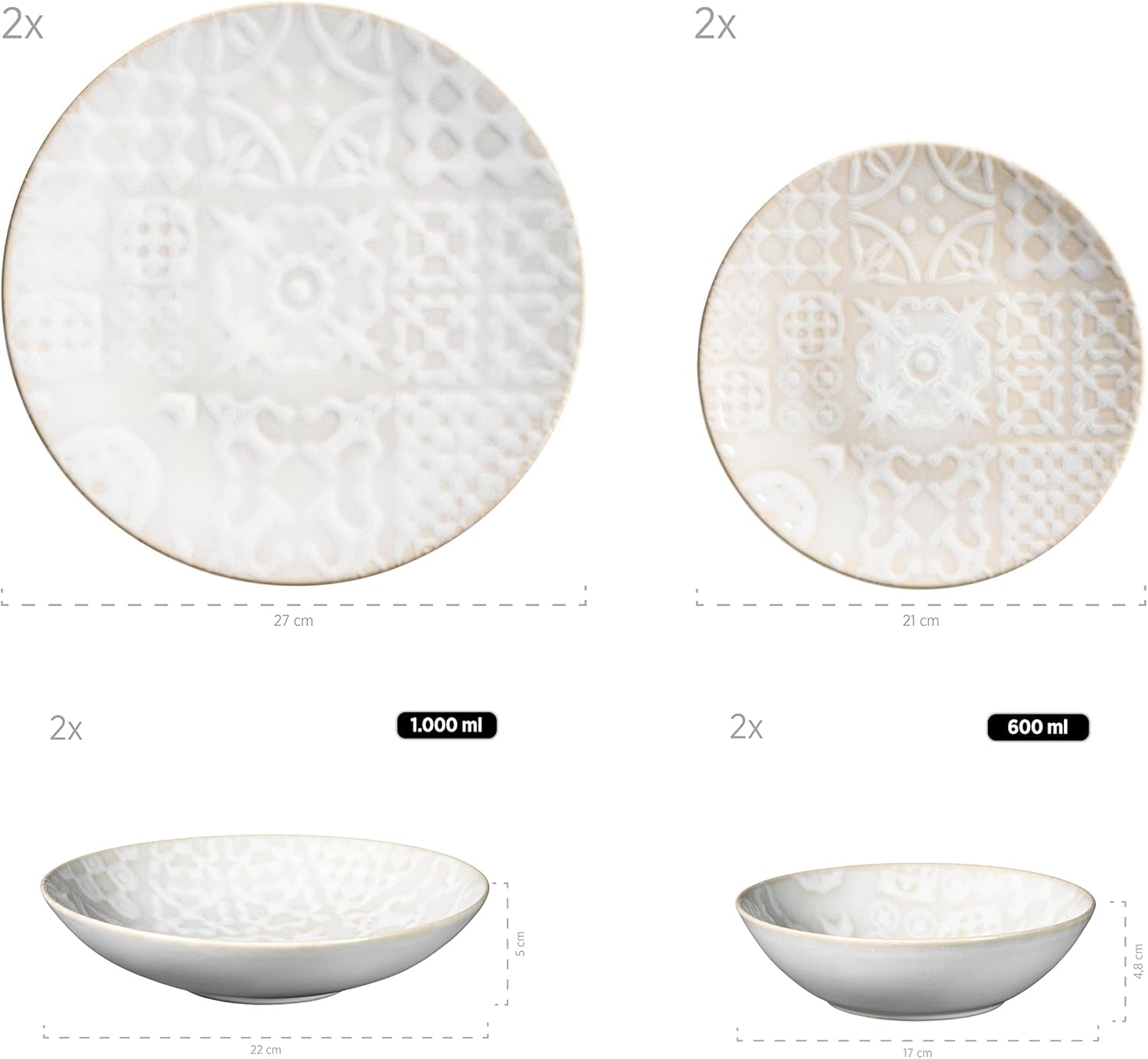 MÄSER 935079 Service de table moderne vintage pour 2 personnes, design mauresque, service de table 8 pièces, assiettes et bols en céramique de haute qualité, grès, blanc