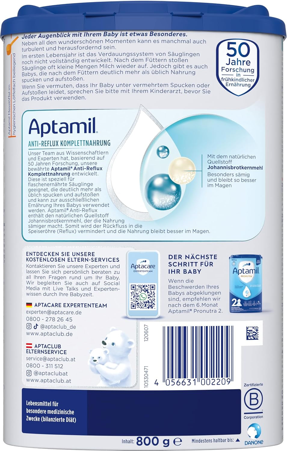 Aptamil Anti-Reflux - Formule Complète Dès la Naissance Gestion Diététique Vomissements & Régurgitations Aliment pour Bébé Lait en Poudre 1 x 800 g