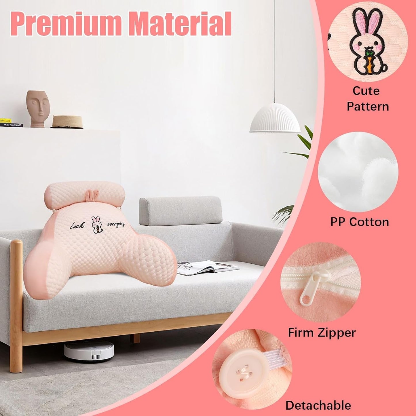 Oreiller de lecture, oreiller de lit, oreiller de dos extra large pour adulte 70 x 50 cm pour lire avec rouleau de cou amovible et bras de support, oreiller de lecture confortable pour lit et canapé (rose, extra large)