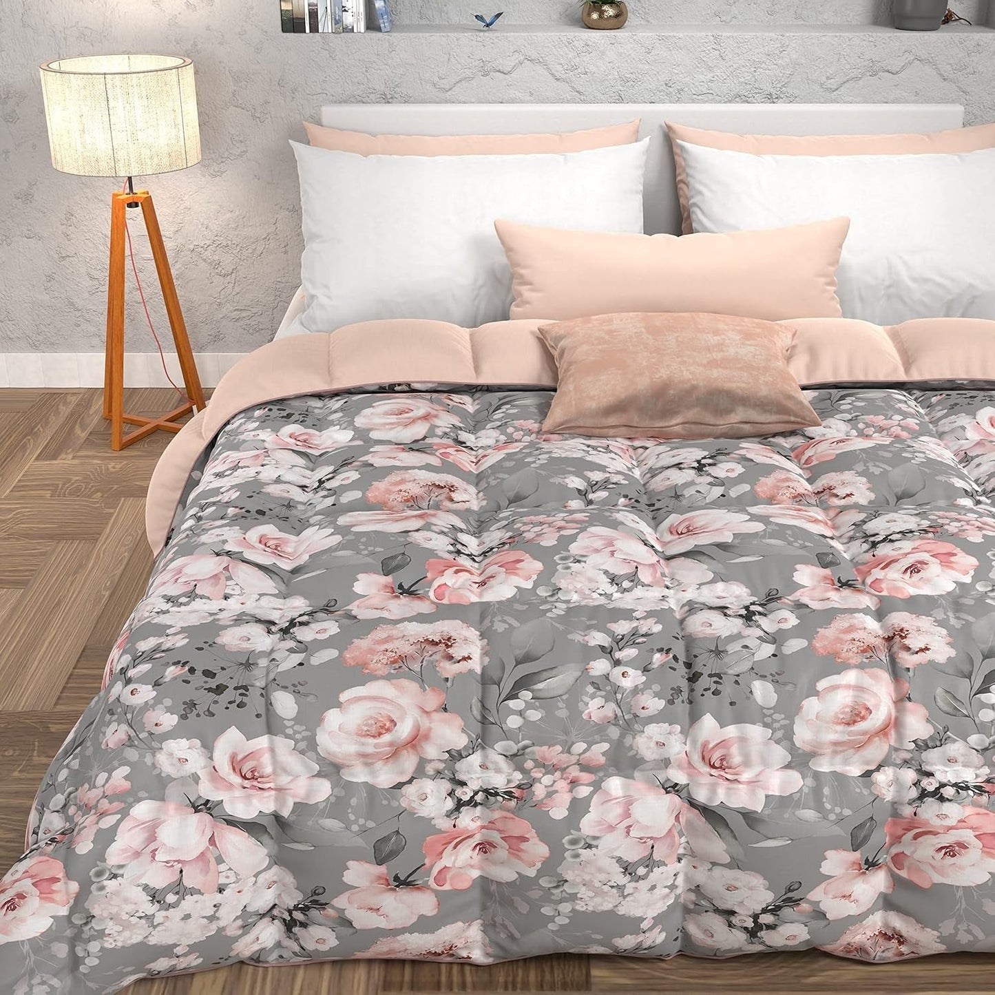PETTI Artigiani Italiani - Couette d'hiver, Couette d'hiver, Couette simple, Double face, impression monochrome et numérique, microfibre 100% hypoallergénique, Made in Italy Naty Shop Quilts and Quilts Floral 17 Gris Una Piazza E Mezza