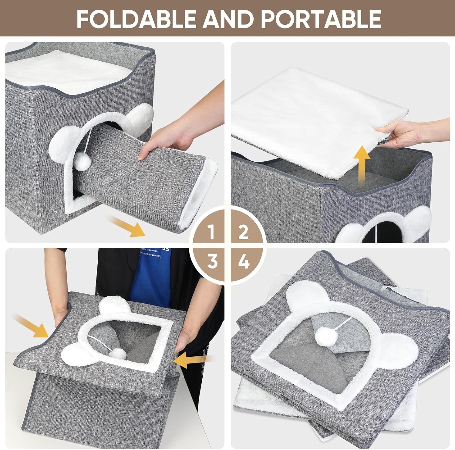 Katzenbetten für Indoor Katzen, Faltbares Katzenhaus, Katzenhöhle 2 Schicht Würfel Großer Raum Katzenbett mit Kratzbrett et Spielball, 15,8 x 15,8 x 15 pouces