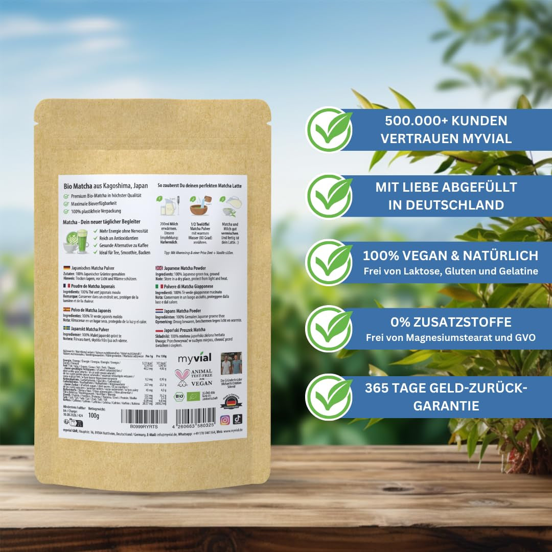 Thé Matcha biologique en poudre de qualité supérieure 100 g de thé vert de la plus haute qualité du Japon Kagoshima – Parfait pour les smoothies Matcha Latte Thé vert japonais végétalien sans additifs emballage sans plastique