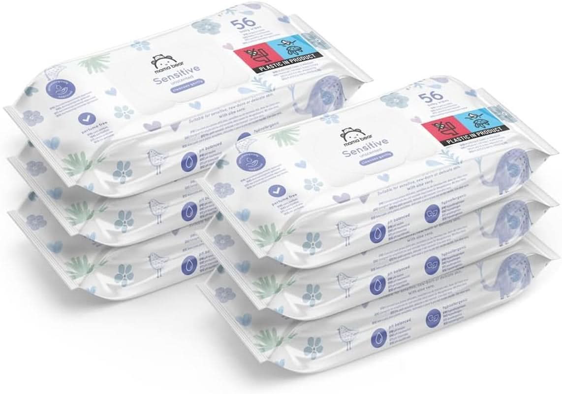 Naty Shop Mama Bear Sensitive Lingettes pour bébé non parfumées 56 unités (paquet de 6)