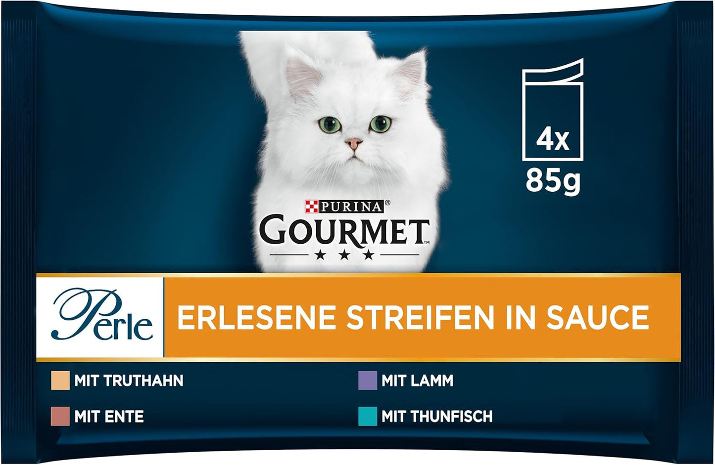 Gourmet Perle Select Strips nourriture humide pour chat, mélange assorti, paquet de 12 (12 x 4 sachets de 85 g chacun)