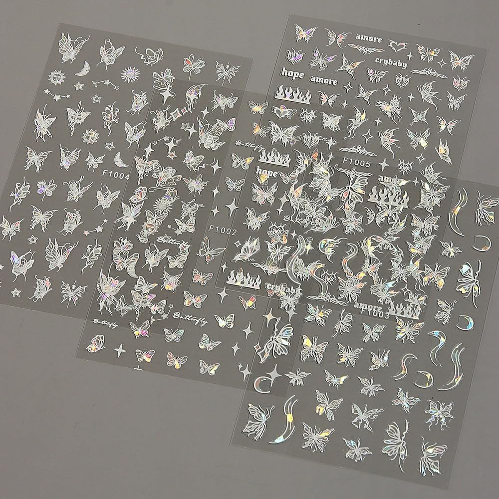 4 feuilles holographiques Laser blanc Schmetterling Nagelsticker,Y2K Aurora Schmetterling Stern Nail Sticker 3D Flamme Herz Nageldesign Nagelsticker Selbstklebend Nagel Sticker Nagel Zubehör Nail Art