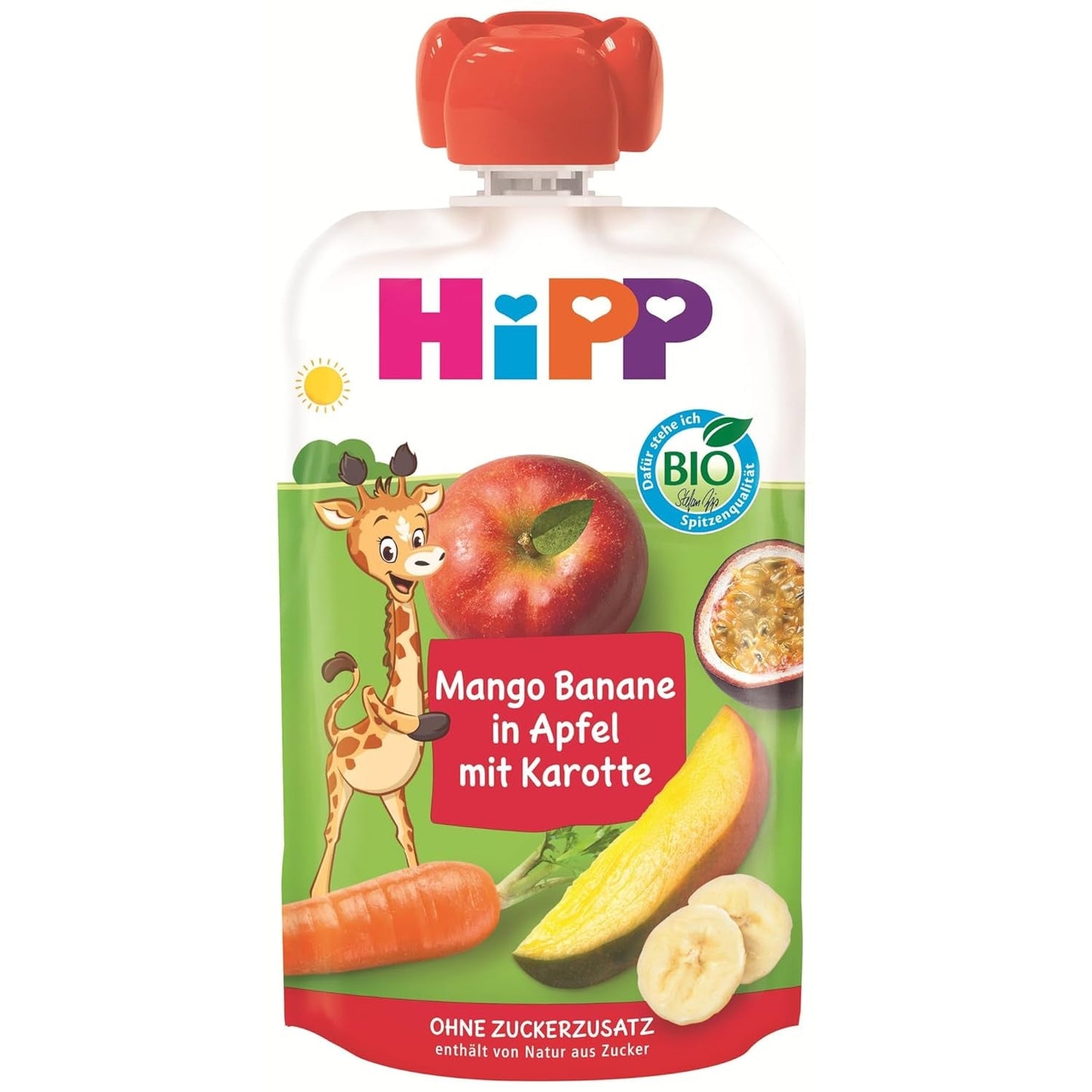 HiPP Bio Quetschie Mangue-Banane à la Pomme et à la Carotte (8 x 100g), âgé de 1 an, Frucht- und Gemüsepüree, sans Zuckerzusatz, végétalien, dans la meilleure Bio-Qualität