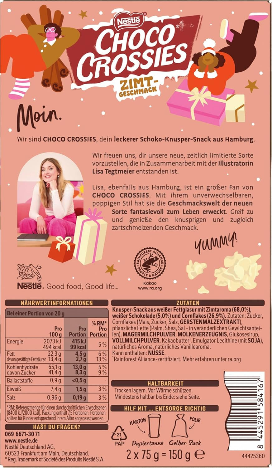 Nestlé Flocons croquants légers à la cannelle et amandes croquantes recouvertes d'un glaçage blanc fondant et d'une saveur de cannelle, paquet de 4 (2 x 75 g chacun)