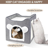 Katzenbetten für Indoor Katzen, Faltbares Katzenhaus, Katzenhöhle 2 Schicht Würfel Großer Raum Katzenbett mit Kratzbrett et Spielball, 15,8 x 15,8 x 15 pouces