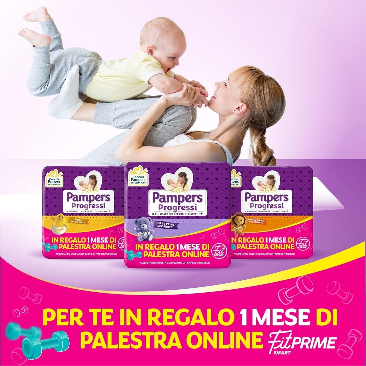 Couches Pampers Progressi & Fit Prime Midi, format court, 162 couches, taille 3 (4-9 kg), abonnement en ligne à la salle de sport pendant 1 mois en cadeau