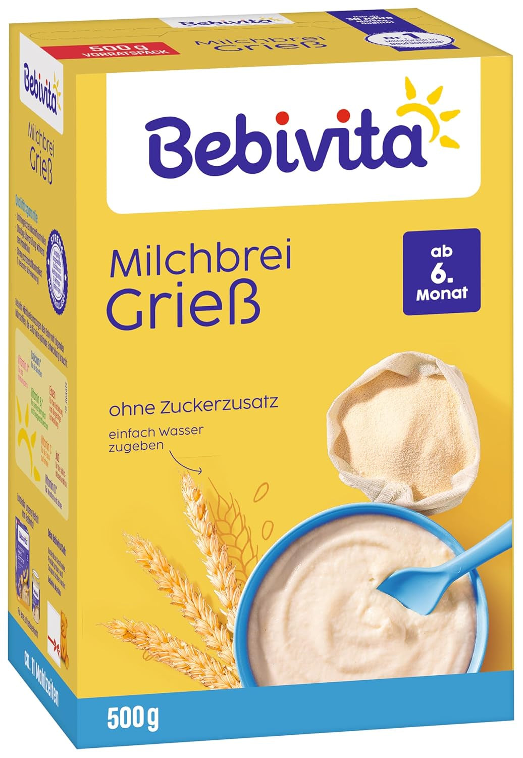 Bouillie de semoule au lait (4 x 500g), aliment pour bébés à partir de 6 mois, sans sucre ajouté, avec minéraux et vitamines précieux, très nourrissant
