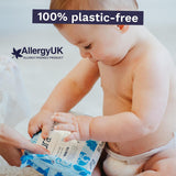 Lingettes jetables écologiques pour peau sensible de bébé, 70 lingettes (1 paquet) 99 % d'eau, 100 % sans plastique, pour peaux sensibles sujettes à l'eczéma, nouveau-né, biodégradables, végétaliennes