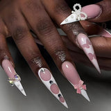 Mouyouglow longs ongles Stiletto laiteux blanc dégradé rose paillettes Cool faux ongles avec colle rose Ombre paillettes ongles artificiels