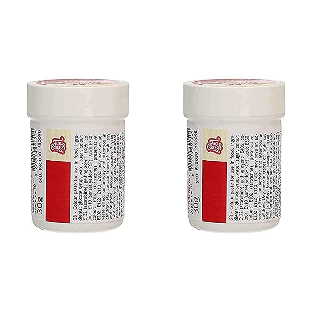 Colorant Alimentaire Concentré Funcakes Pasta Colorant de Noël Rouge ; pour pâte, crème, fondant, massepain, pâte à modeler et pâte à fleurs. Halal et casher. 30g (paquet de 2)