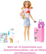 Poupée Barbie, Barbie de voyage aux cheveux blonds, plus de 10 accessoires de voyage, autocollants, valise, chiot, comprend 1 poupée, cadeau pour enfants, jouet à partir de 3 ans, HJY18