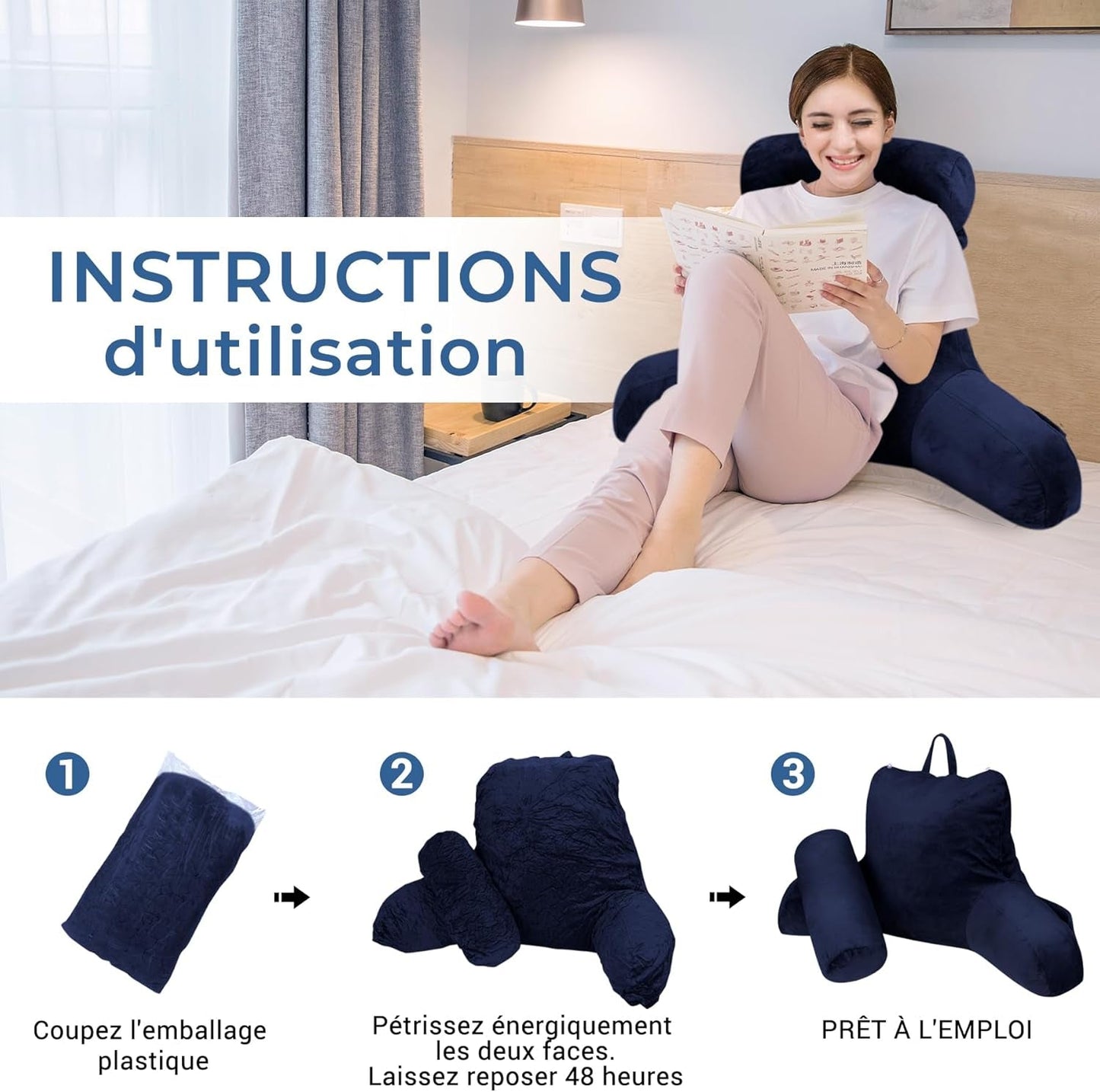 Oreiller de lecture ergonomique INFANZIA avec accoudoirs, support dorsal, bleu marine