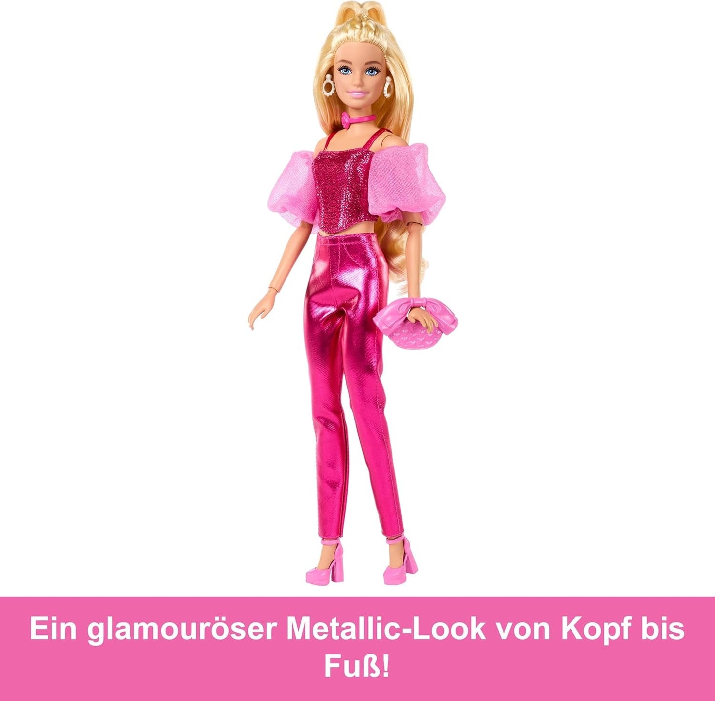 Poupée Barbie Deluxe Style #5 dans une tenue blonde rose métallisée avec un haut corsage scintillant et un pantalon scintillant, avec des accessoires dont un collier rose et un sac à main, JFP40
