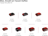 Machine à expresso sans fil Einhell TE-CF 18 Li-Solo Power X-Change (18 V, réservoir d'eau 240 ml, pour café filtre et capsules de café, poignée de transport, avec tasse à café avec couvercle, sans batterie)