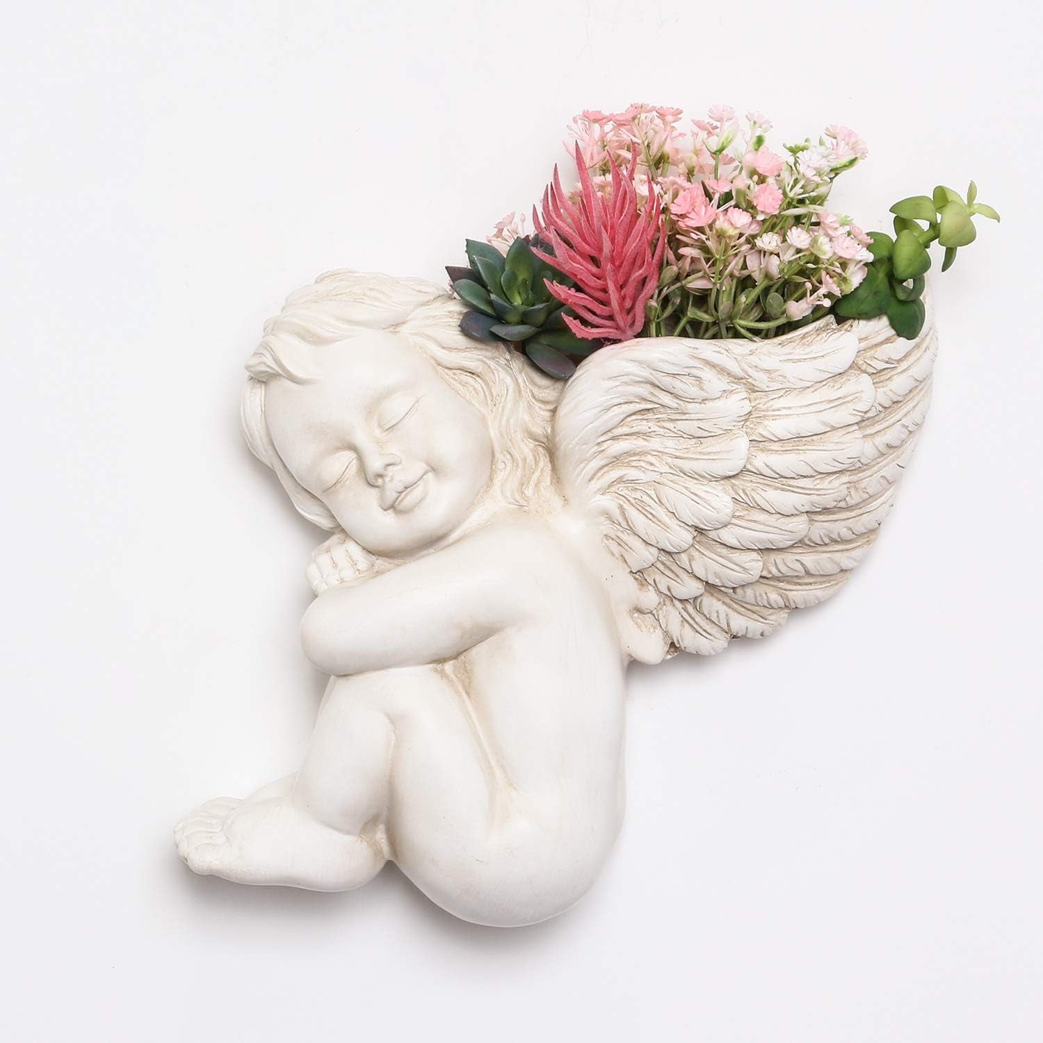 Pot de fleurs monté sur mur et surface plane 20 cm de hauteur Tête d'ange Support mural Support de fleur Vase Visage de poupée Pot en résine Pots de récipient pour plantes de table