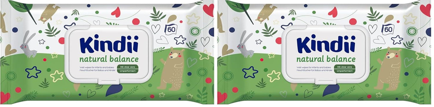 Lingettes humides Kindii Natural Balance pour bébés – (1 x 60 pcs.) Lingettes humides pour bébés et enfants – Protectrices, Aloe Vera, Parfum délicat – 60 pcs.