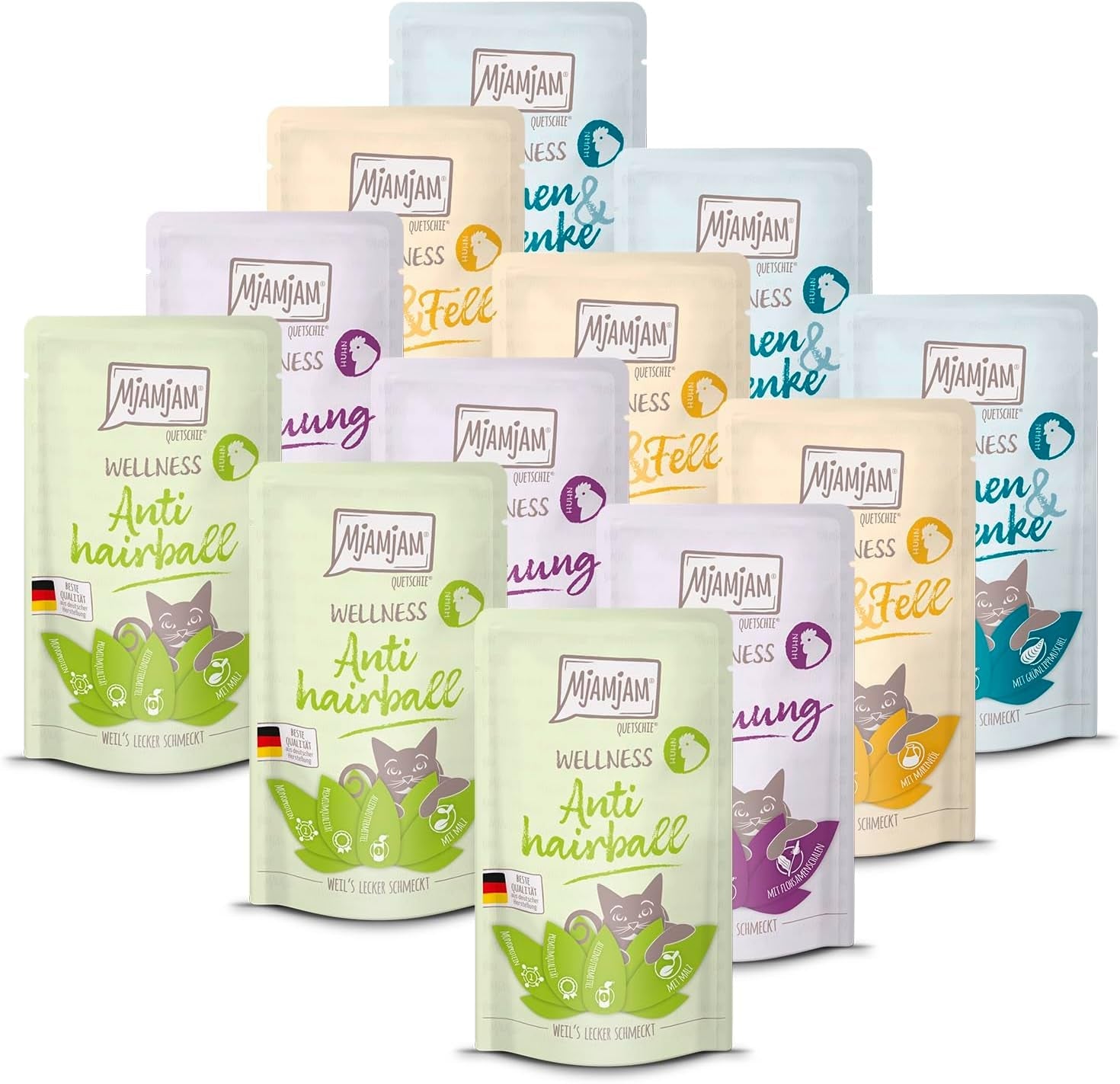 MjAMjAM - Nourriture humide de qualité supérieure pour chats - Pack bien-être au poulet 12 paquets (12 x 125 g) sans céréales avec viande supplémentaire