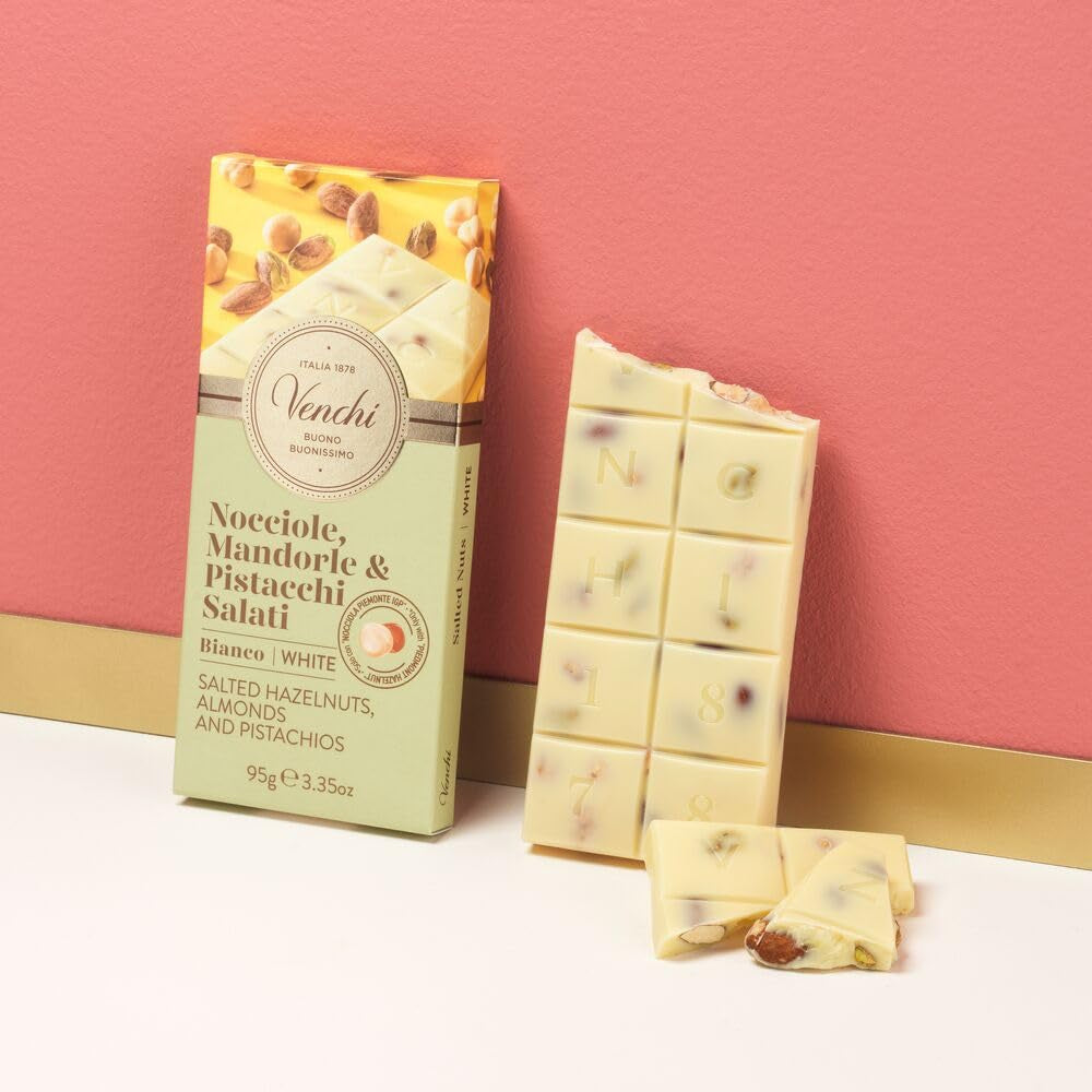 Venchi - Barre aux Noisettes Salées, Noisettes Salées, Amandes et Pistaches, 95g, aux "Noisettes du Piémont", Sans Gluten, Sans Colorants Artificiels et Sans Conservateurs