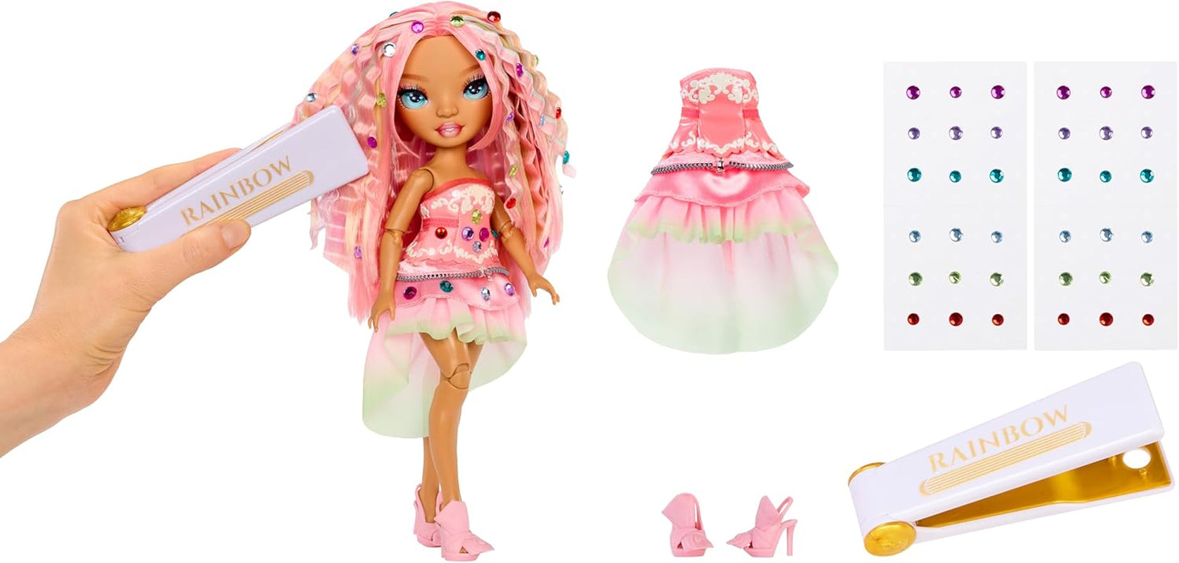 Rainbow High Be Dazzling - Adeline Rose - Poupée mannequin rose de 28 cm avec outil de décoration, pierres précieuses scintillantes et accessoires de coiffure