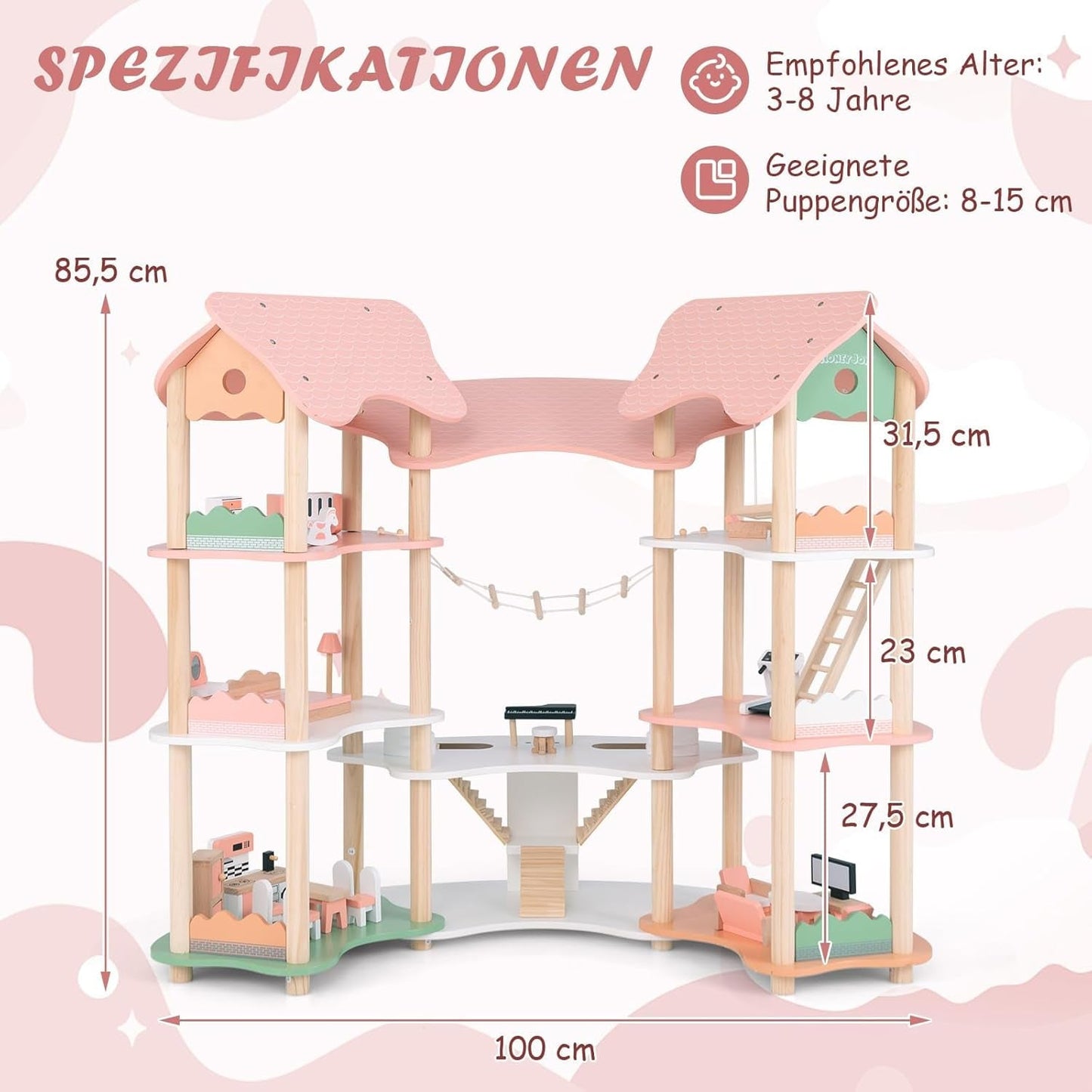 FANTASK Maison de poupée en bois, maison de poupée 7 pièces de 85 cm de hauteur avec 32 meubles et accessoires, maison de poupée avec échelle en corde, cadeau de maison de poupée pour filles de 3 ans (modèle 3) Naty Shop Dollhouses