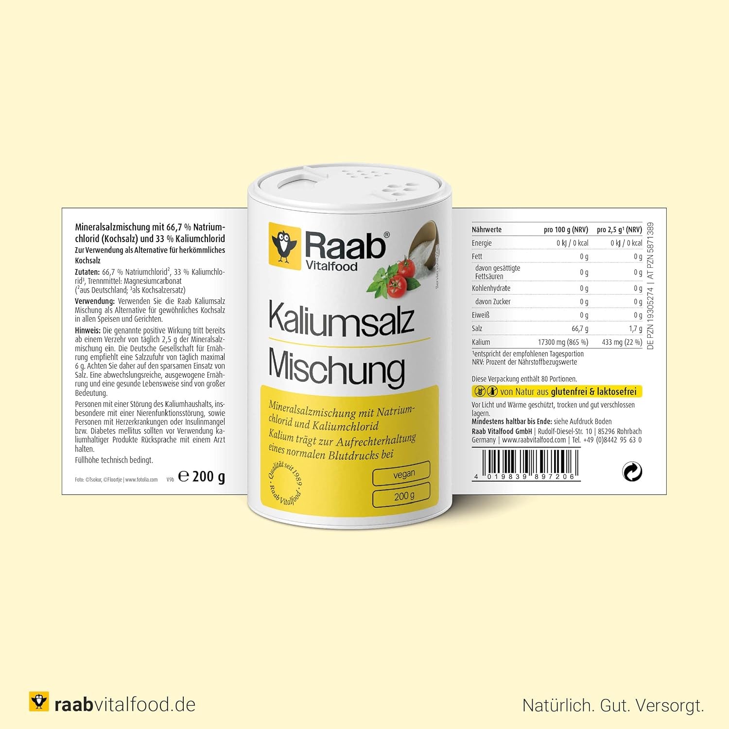 Raab Vitalfood Mélange de sel de potassium, mélange de sel minéral avec 66,7 % de chlorure de sodium (eau de Cologne) et 33 % de chlorure de potassium, le potassium est destiné à l'alimentation en eau normale d'un liquide à base de sel (dose de 1 x 200 g)