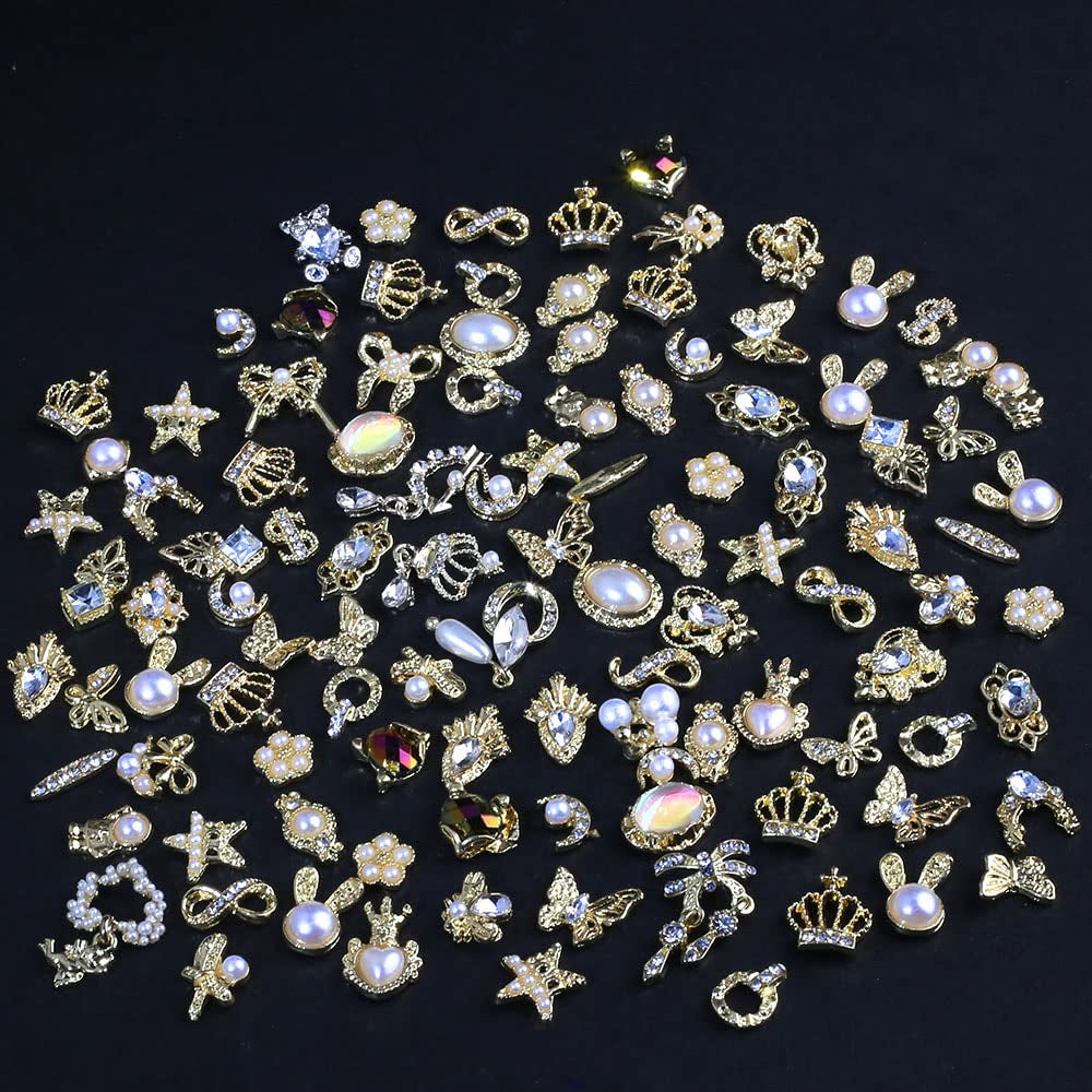 50 pièces de breloques à ongles dorées, mélange de styles, pierres scintillantes, perles, jambes, pierre de naissance, fleurs, strass, perles, bijoux, bijoux, décoration d'ongles DIY pour femmes