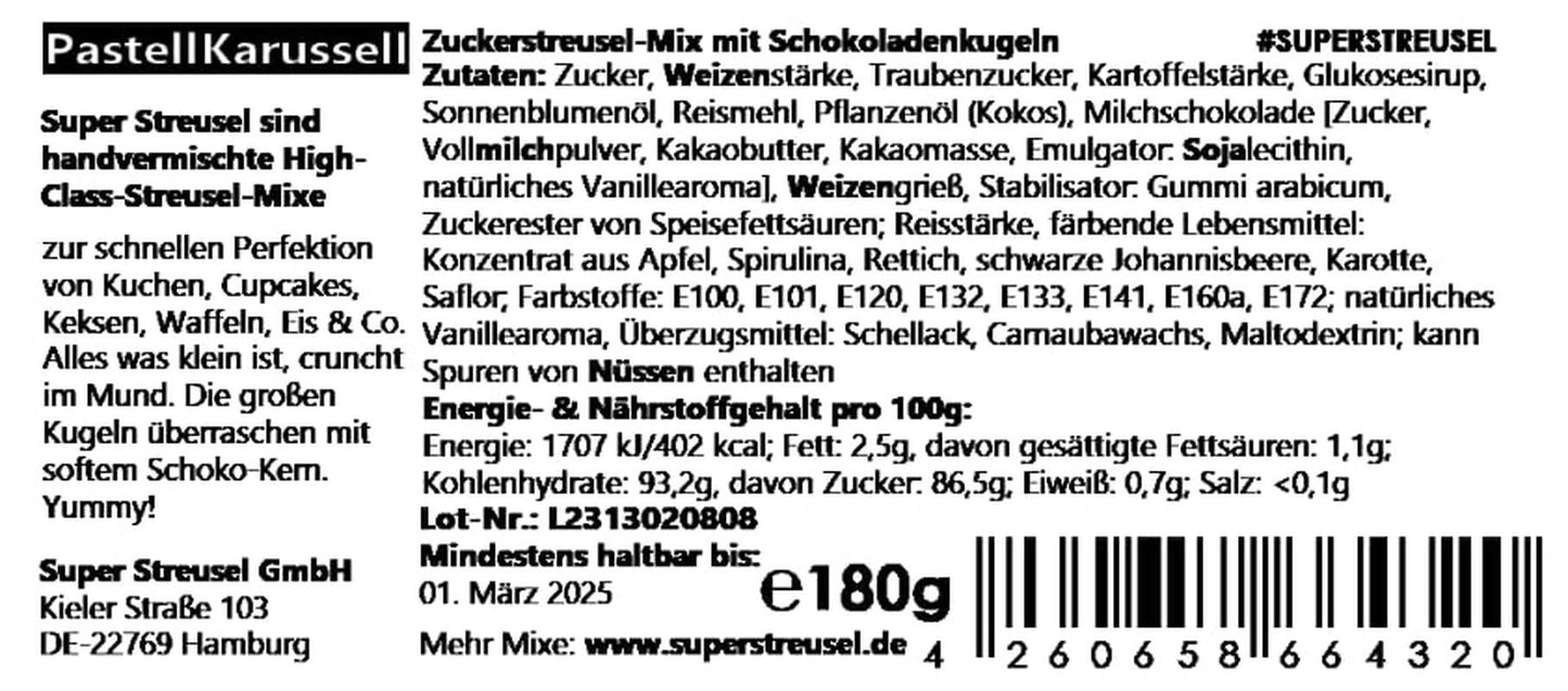 Super Streusel Carusel Pastel, pépites de couleurs pastel, 90 grammes Sprinkles Naty Shop