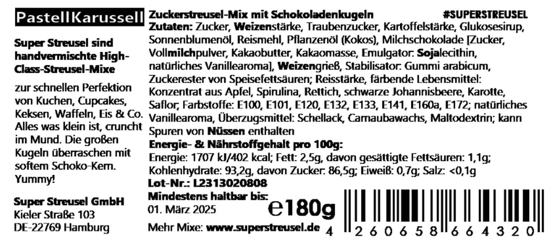 Super Streusel Carusel Pastel, pépites de couleurs pastel, 90 grammes Sprinkles Naty Shop