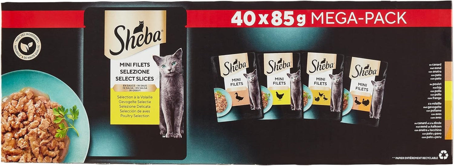 Sheba Mini Filets - Filets Frais en Sauce, Sélection de Volailles pour Chat Adulte - 40 x 85g