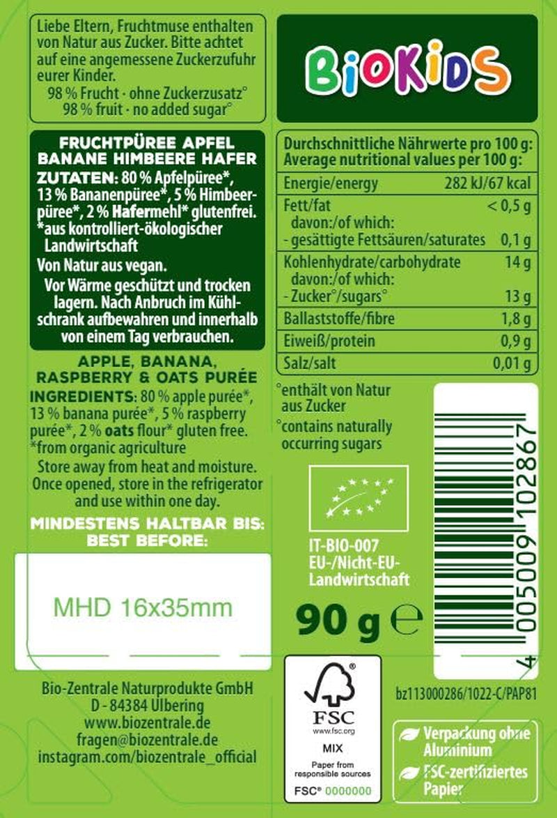 biocentral BioKids Purée de fruits Pomme Banane Framboise Avoine | 12x90g | Snack fruité sans sucre ajouté | Végétalien (Pack de 2)