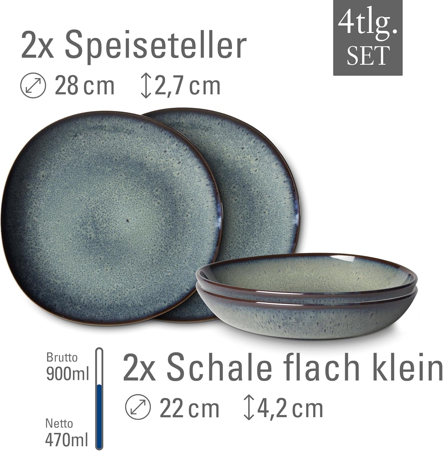 comme. de Villeroy & Boch - Service de table en grès Lave Gris, 4 pièces, aspect céramique, service de table pour 2 personnes, gris