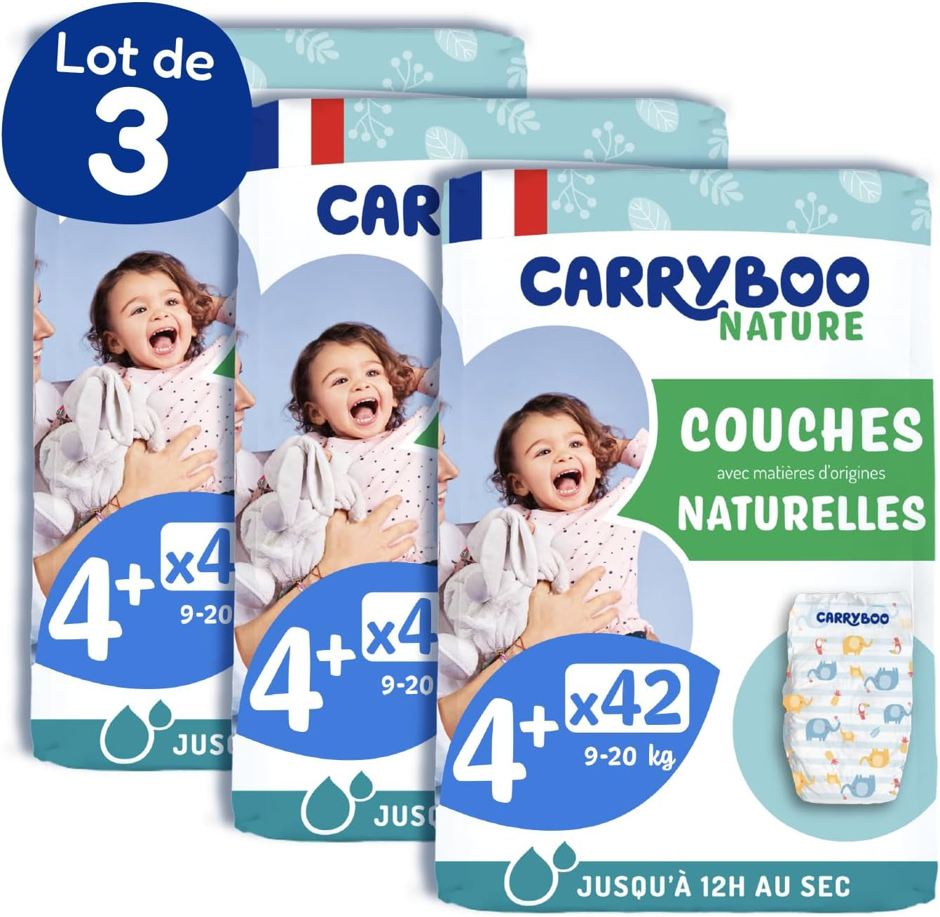 - Taille de couche 4+ 9-20 kg – Ökologische Babywaidern – natürliche Babypflege, hypoallergen, ohne Parfüm und auslaufsicher – hermestellung in Frankreich – 126 couches jetables – 1 mois