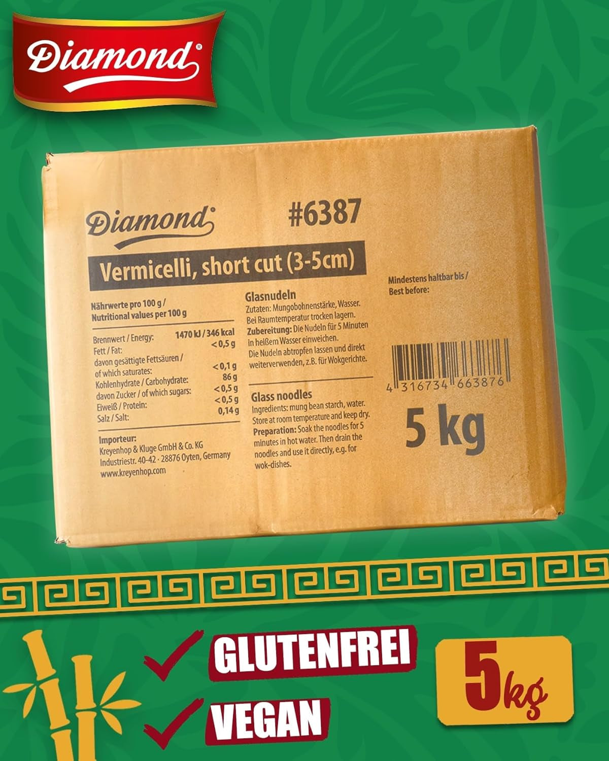 Nouilles en verre DIAMOND, nouilles courtes en verre à l'amidon de haricot mungo, naturellement végétaliennes et sans gluten - 1 x 5 kg