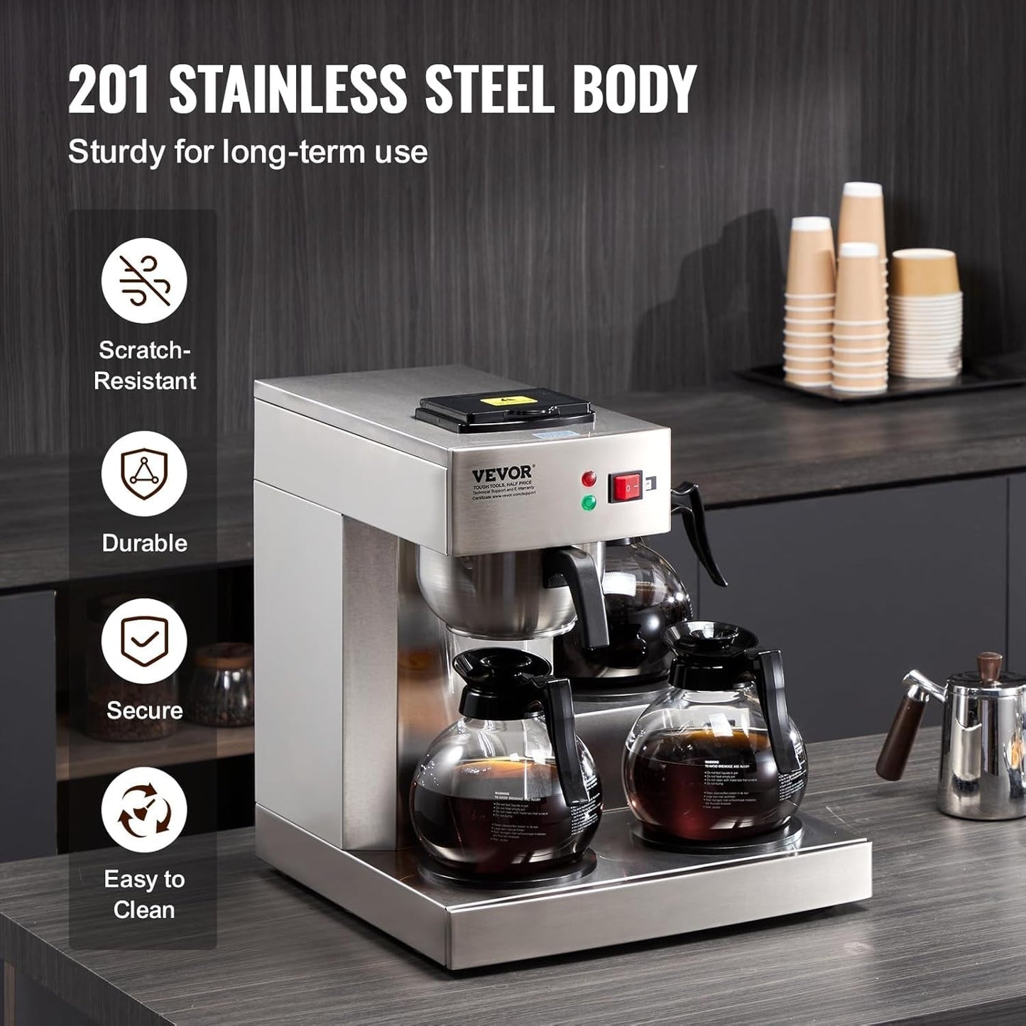 VEVOR Machine à expresso à filtre commerciale de 12 tasses avec 3 carafes en verre et 3 plaques chauffantes Machine à expresso en acier inoxydable avec alimentation en eau automatique pour restaurant, bureau, café
