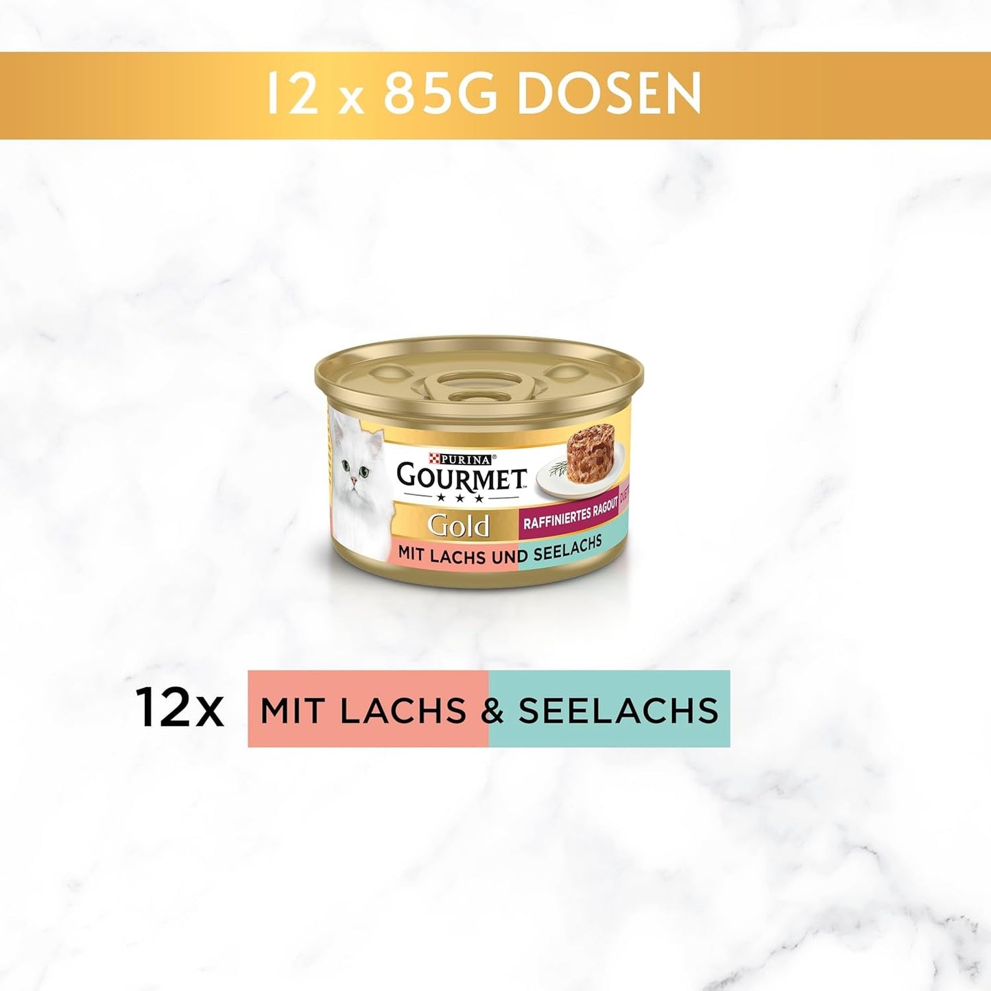 Gourmet Gold Raffiné Ragout Duetto Saumon et Morue Jaune Nourriture Humide pour Chats Paquet de 12 (12 x 85 g)