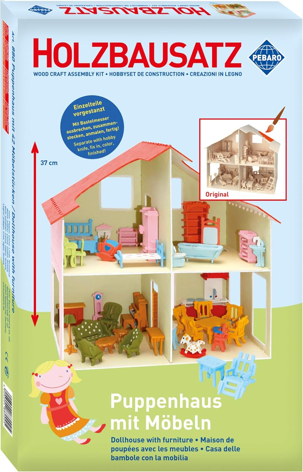 Pebaro Donau Elektronik _M880 Maison de poupée puzzle 3D avec meubles, 30 x 30 x 30 cm, naturel