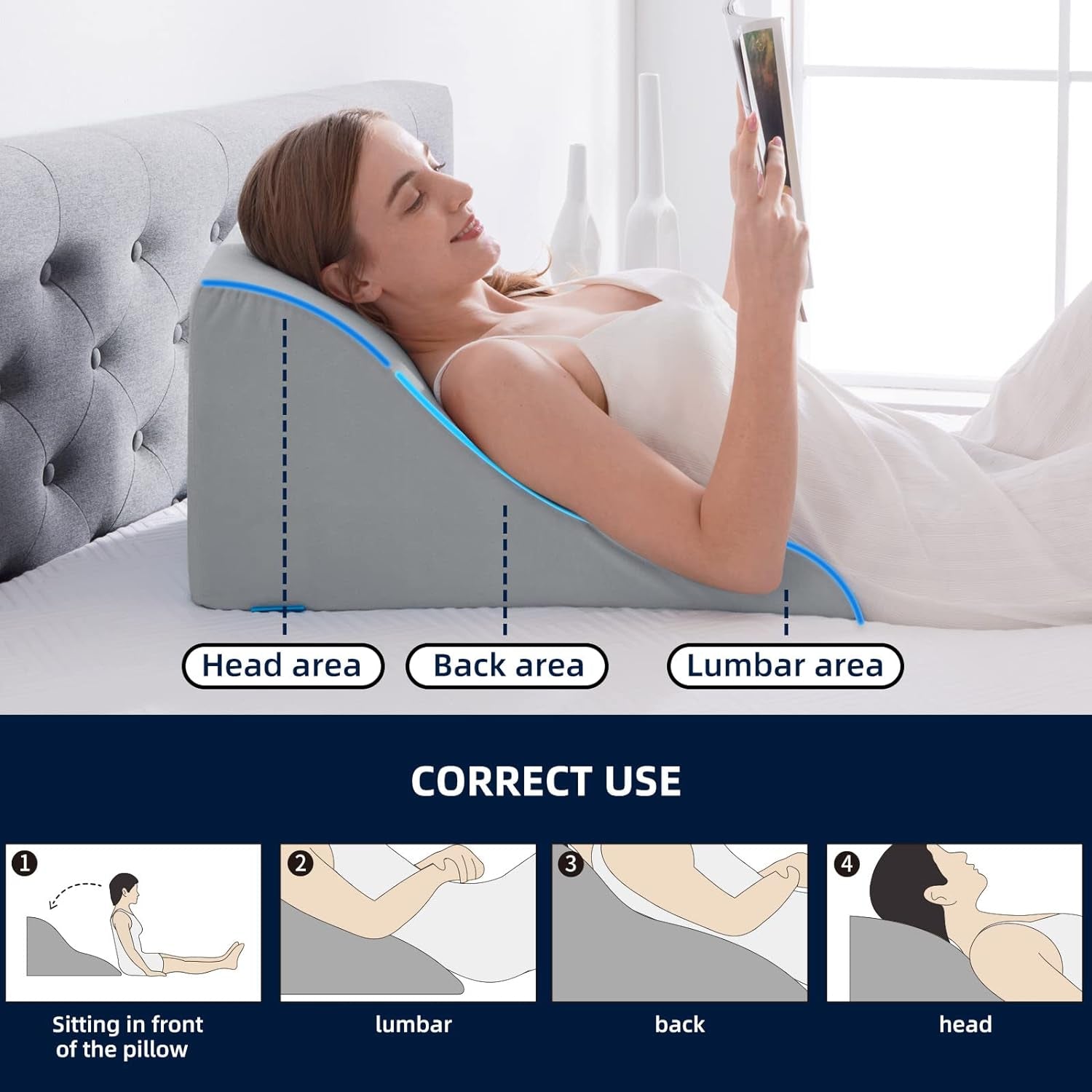 Oreiller de lecture pour lit et canapé – Oreiller en plumes en mousse à mémoire de forme – Oreiller de dossier ergonomique – Parfait pour soutenir votre dos pendant que vous vous détendez, jouez, lisez ou regardez la télévision – Large
