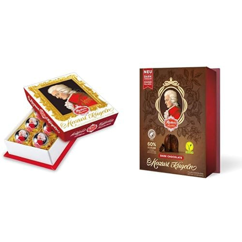 Duo Pack Chocolat Noir, Mozart Baroque et Chocolat Noir, Boules Mozart Authentiques, Chocolat au Chocolat Noir, Massepain, Nougat, Cadeau Idéal, 6 pièces de chaque variété, 240g au total