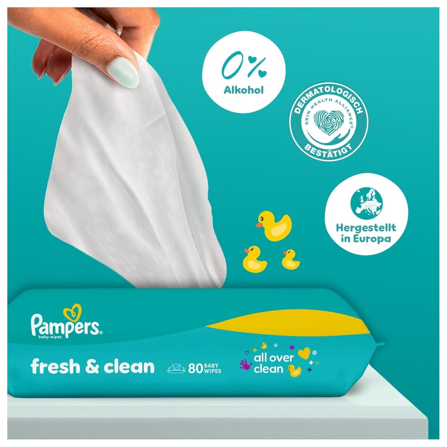 Lingettes humides Pampers Fresh Clean, 15 paquets de 80 lingettes, 1 200 lingettes au total, parfum léger, convient également aux mains et au visage