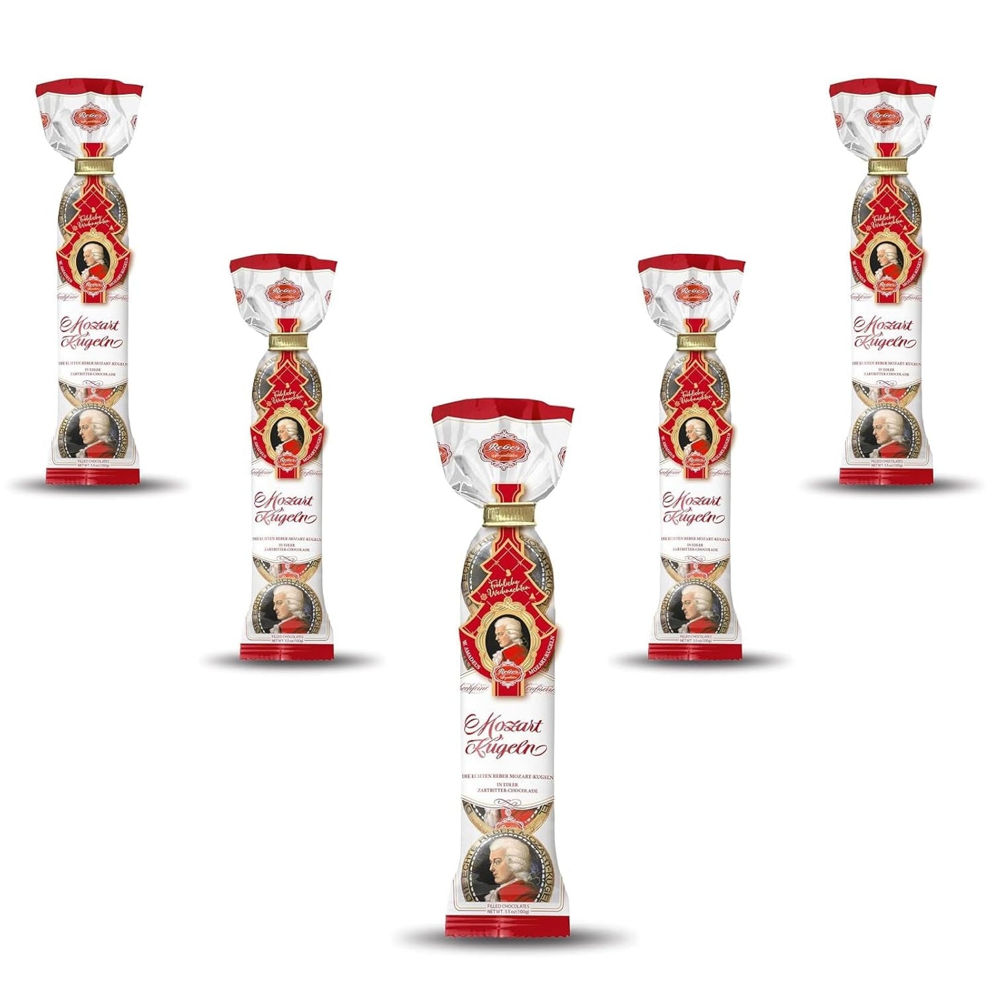 Boules Reber Mozart - 5 sachets de 5 bonbons dans l'édition de Noël - Authentiques boules Reber Mozart, à base de chocolat noir, pâte d'amande et nougat
