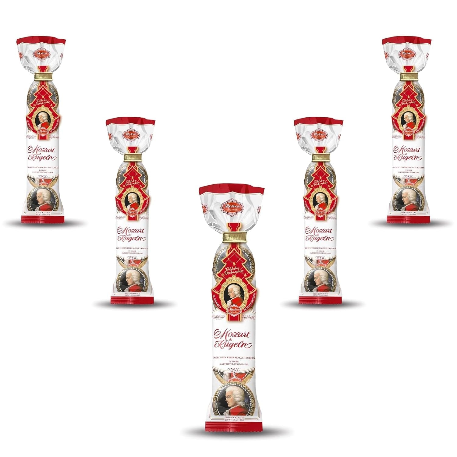 Boules Reber Mozart - 5 sachets de 5 bonbons dans l'édition de Noël - Authentiques boules Reber Mozart, à base de chocolat noir, pâte d'amande et nougat