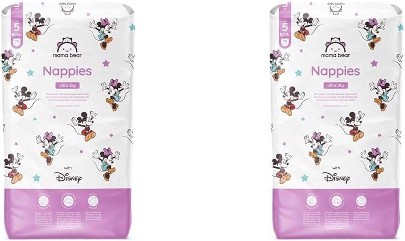 Couches Mama Bear Disney Ultra Dry taille 4 (8-14 kg), blanches, 84 pièces (1 paquet) Naty Shop taille 5 (10-16 kg) (2 paquets) paquet individuel