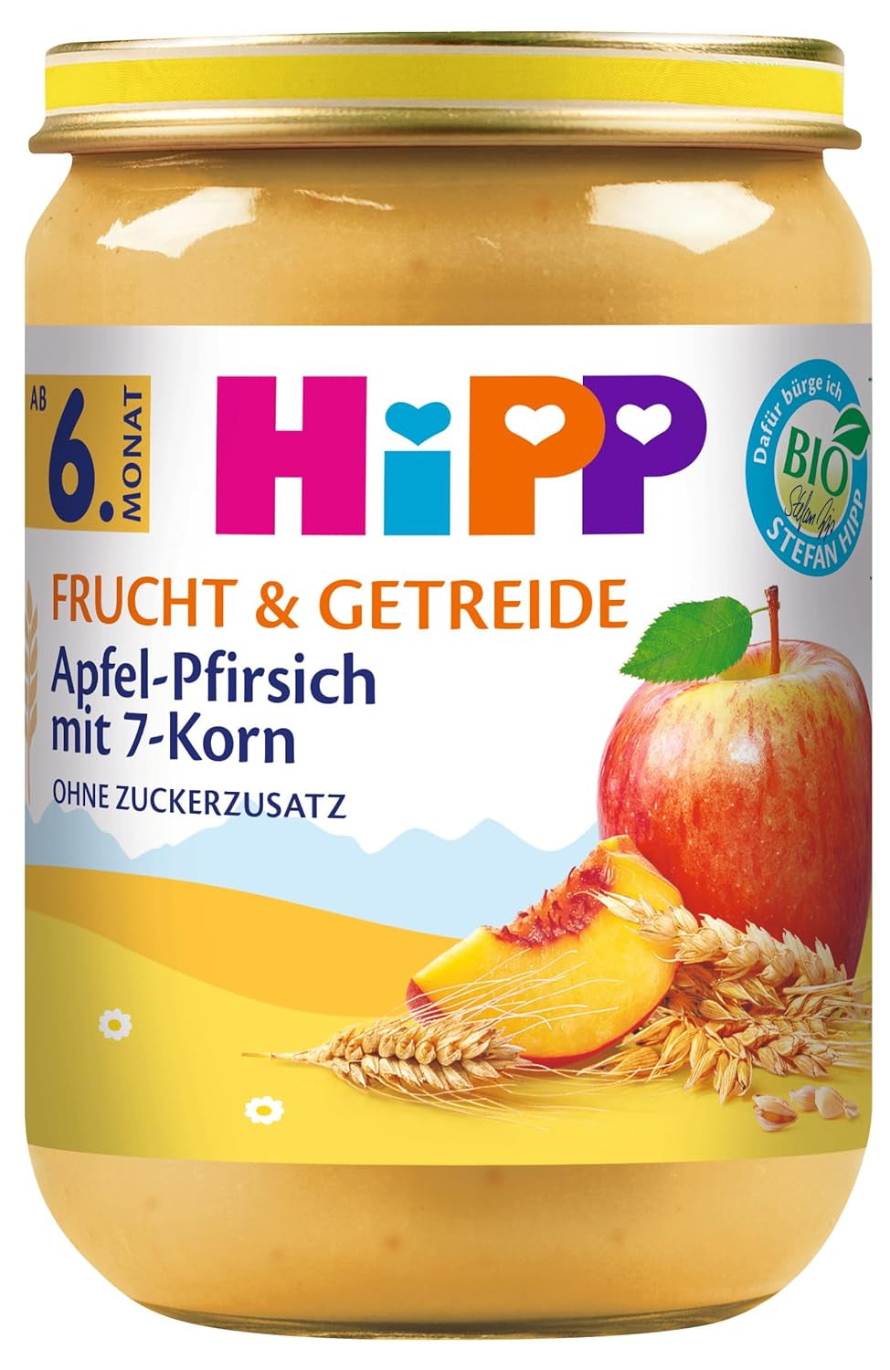 HiPP Fruits et céréales biologiques avec pomme et pêche et 7 céréales, paquet de 6 (6 x 190 g)